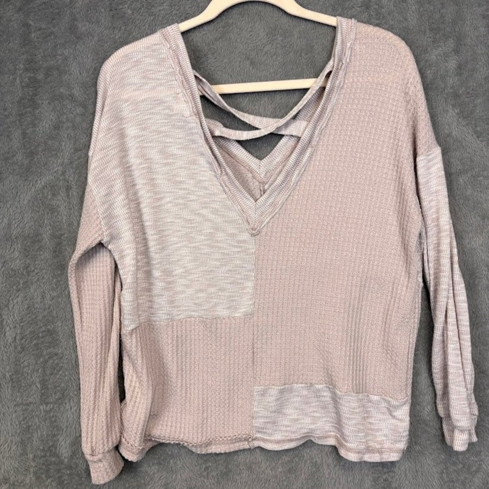 BKE Womens XS Mauve Patchwork Waffle Knit Strappy Back‎ V-Neck Top TKC3289-B - Picture 2 of 8